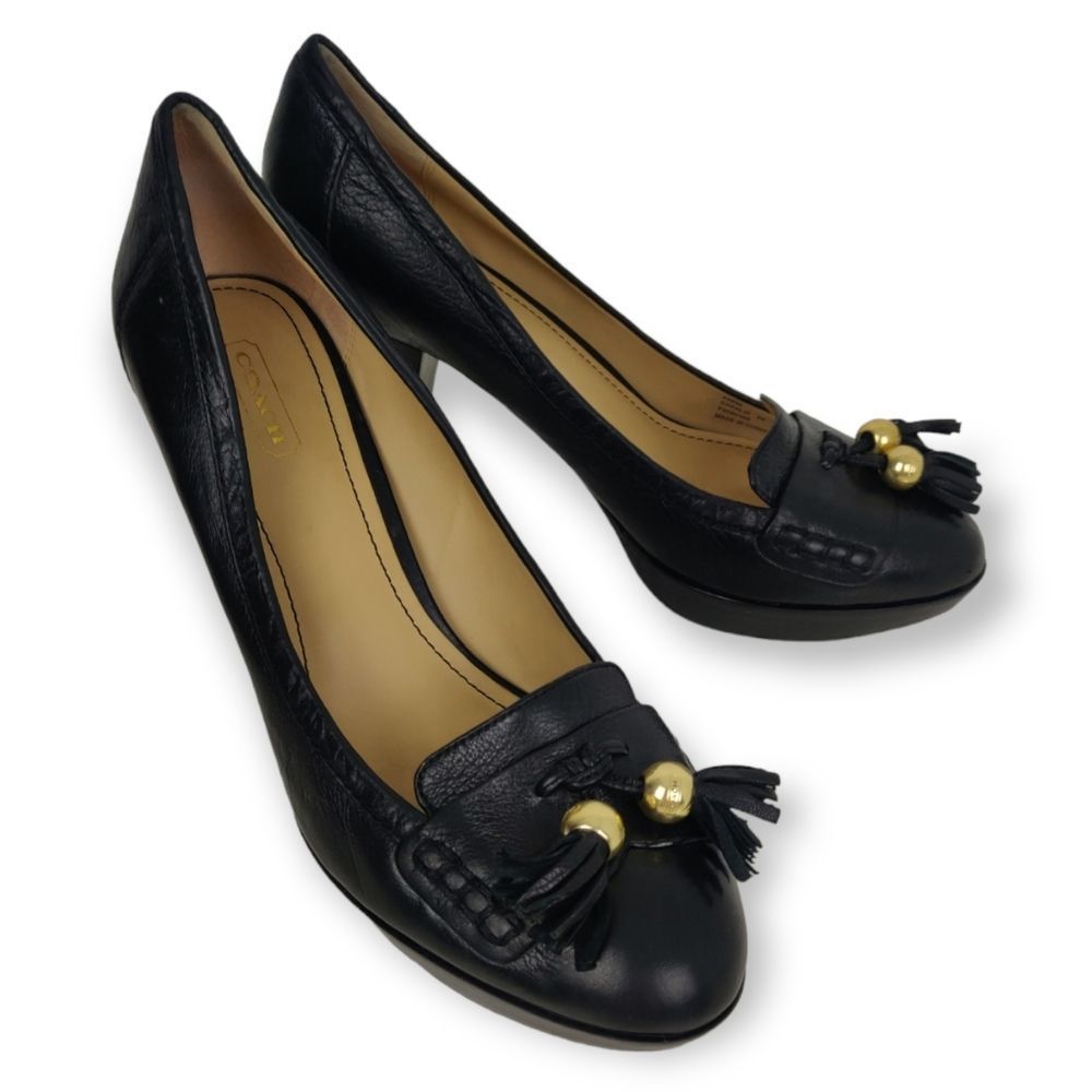 COACH CARALIE BLACK GENUINE LEATHER TASSEL DECOR PLATFORM HEELS PUMPS SHOES 8B - Picture 4 of 13